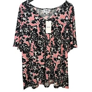 Leota Allie‎ Top 2L Elegance Floral Print Pink Black 3670 V-Neck 3/4 Sleeve
